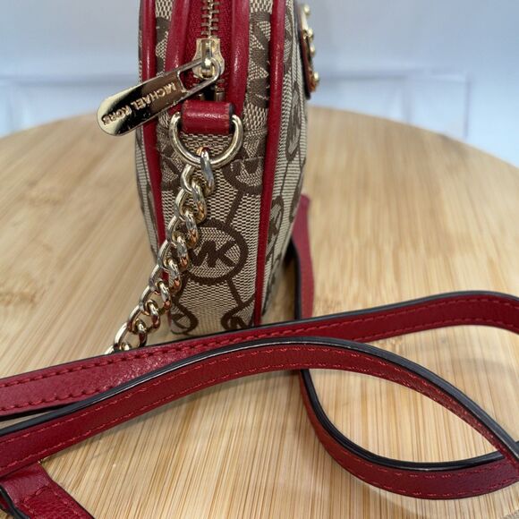 Michael Kors Tan Monogram Mini Crossbody Bag Red Leather Trim Chain Strap - Picture 6 of 12